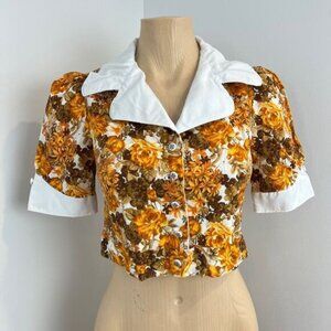 VTG Handmade Women Small Brown White Floral Collared Babydoll Cropped Top Blouse